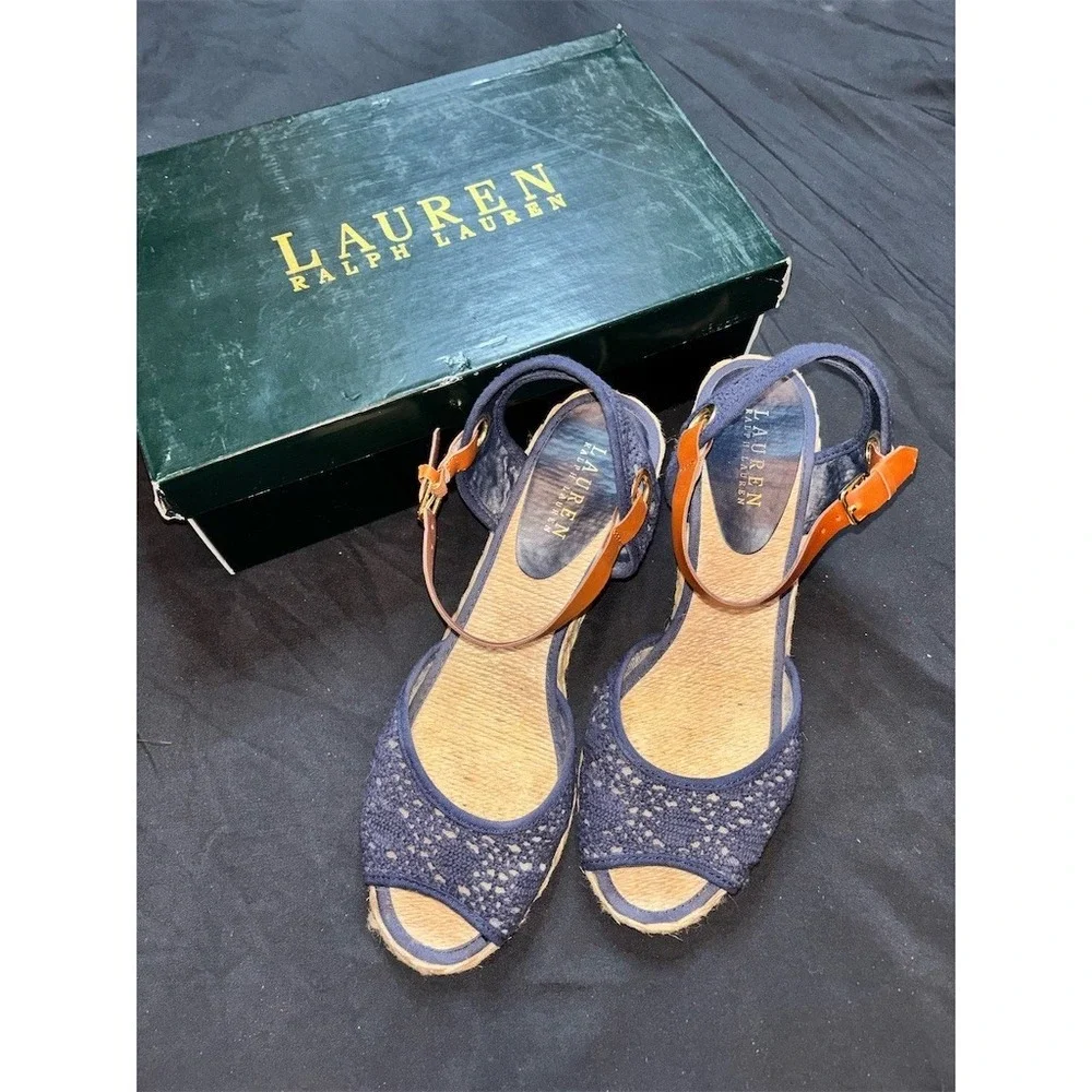 Lauren Ralph Lauren Wedge Espadrille Sandal Women Navy Lace Peep Toe 10 jute 3.5